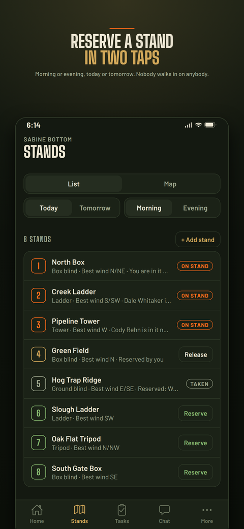 The stand list, showing which stands are open and who has them reserved.